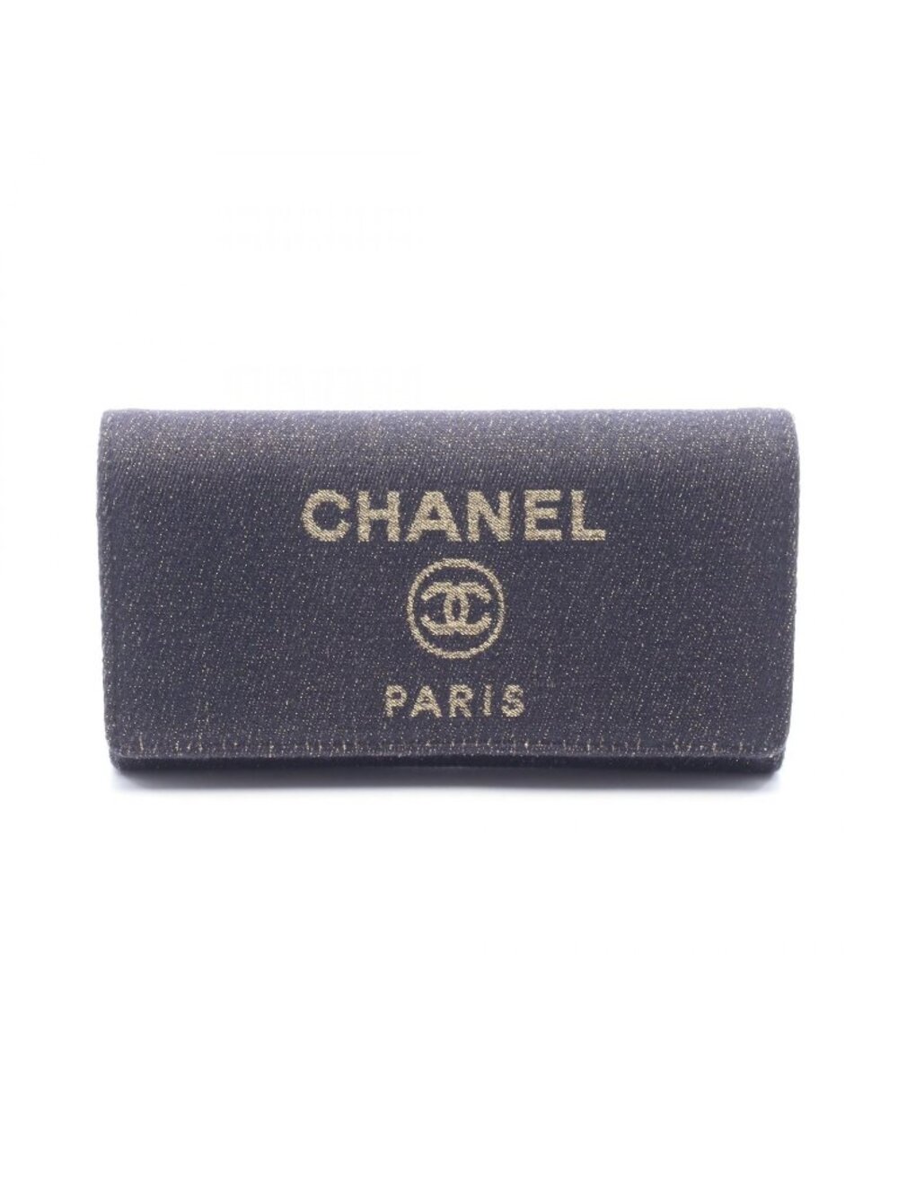 Chanel Bifold Wallet Deauville Long Flap Glitter Black Gold Canvas Leather